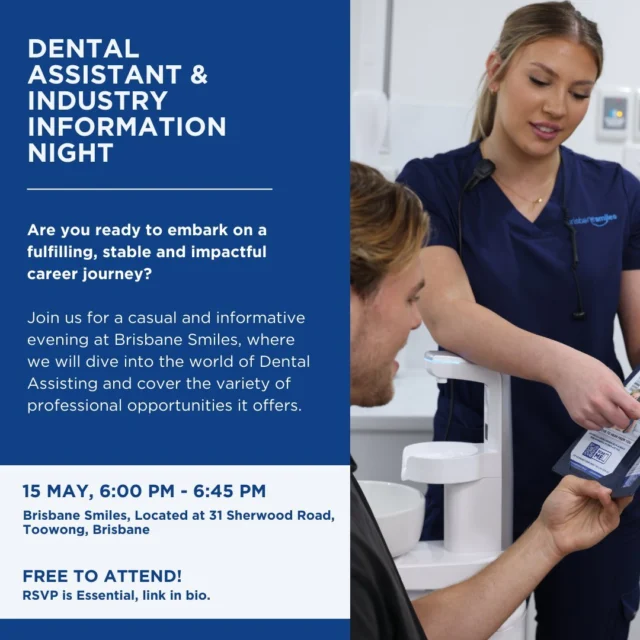 🌟 Exciting Opportunity 🌟 You're invited to our Dental Assistant & Industry Information Night!

Are you looking to embark on a fulfilling, stable and impactful career? Join us at Brisbane Smiles for our Dental Assistant & Industry Information Night on 15 May to find out how you can get involved in the Dental Industry.

😁 Why Attend?
Gain comprehensive insights into the growing Dental Industry, explore various roles and engage with leading professionals who will answer all your questions!

🦷 Why Become a Dental Assistant?
Discover the perks like high employment demand, immediate start, work-life balance, competitive pay and career growth opportunities. Plus, make a direct impact on people's lives in the healthcare sector!

✨ Who Is This Event For?
Anyone who is looking to start their career journey, reentering the workforce or considering a change. If any of these apply, this event is for you!

📅 Save the Date: May 15, 6:00 PM
📍 Held at Brisbane Smiles, Level 1, 31 Sherwood Road, Toowong, Brisbane
🎟️ FREE TO ATTEND. RSVP Essential — Register via link in bio

Don't miss out on this chance to kickstart your rewarding career as a Dental Assistant or learn about exciting industry opportunities! 

#BrisbaneSmiles #DentalAssistant #BrisbaneJobs #BrisbaneCareers #BrisbaneHiring #JobOpportunity #IndustryEvent #Brisbane #BrisbaneCity